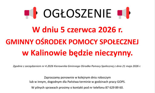Zdjęcie do W dniu 5 czerwca 2026 r. GOPS w Kalinowie będzie nieczynny.